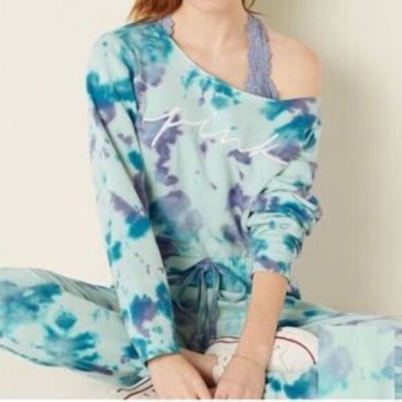 VICTORIA's  SECRET PINK Tie Dye‎ Cropped Off The Shoulder Sweatshirt Size Small - Picture 1 of 3